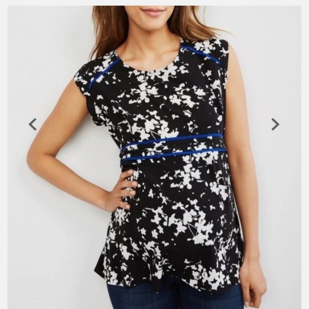 Motherhood Black and White Floral Blouse with Blue Trim